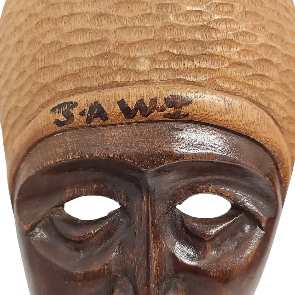 Signed Artisan Hand Carved African Tribal Brown and Tan Face Mask Wall Art 13